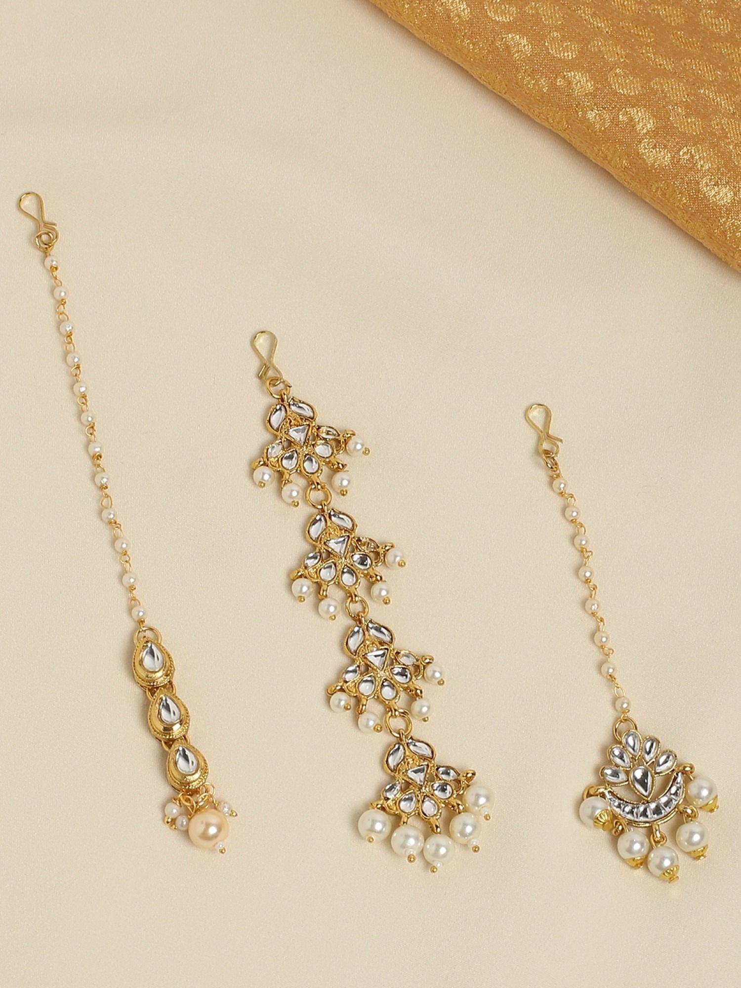 combo of 3 gold tone kundan & pearl jadau maangtikka