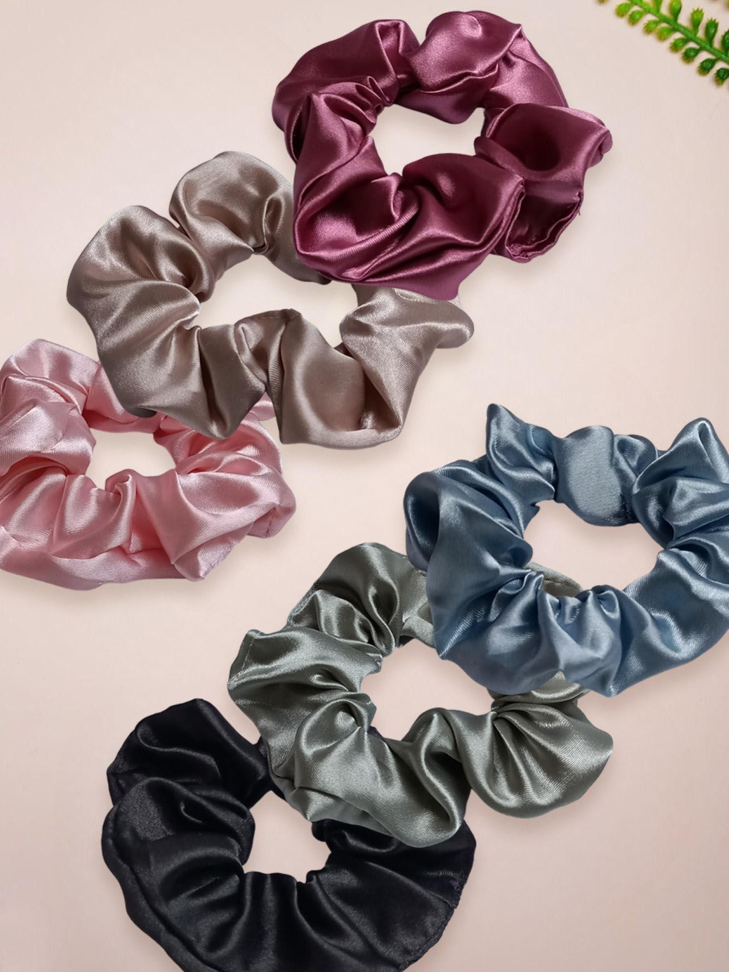 combo of 6 multi color satin silk scrunchie rubber band hair tie ponytail holder