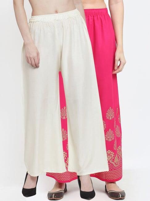 combo of solid and printed palazzo in rayon fabric, with fully elastictaed waistband,slip on closure.
