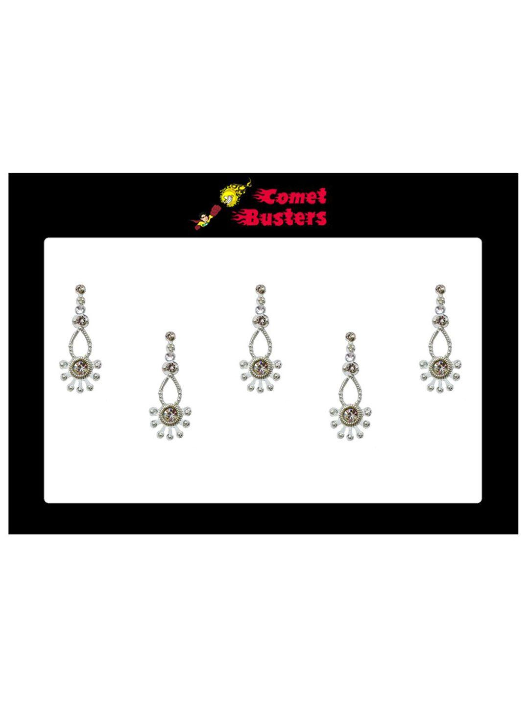 comet busters 5 pcs embellished reusable designer bindis - silver-toned