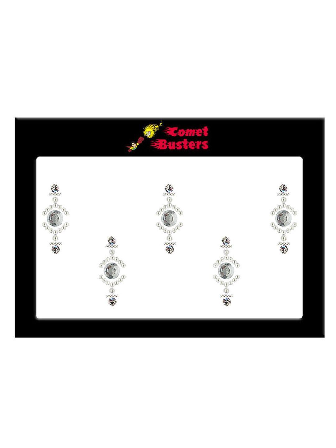 comet busters 5 pcs embellished reusable designer bindis - silver-toned