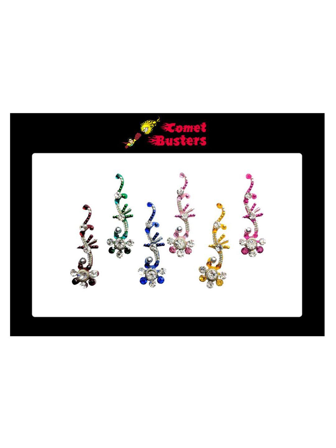 comet busters 6 pcs multicoloured floral shaped stone studded bindi