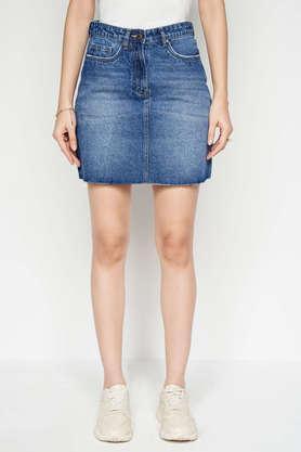 comfort-fit-crop-length-cotton-women's-casual-wear-skirt---mid-blue