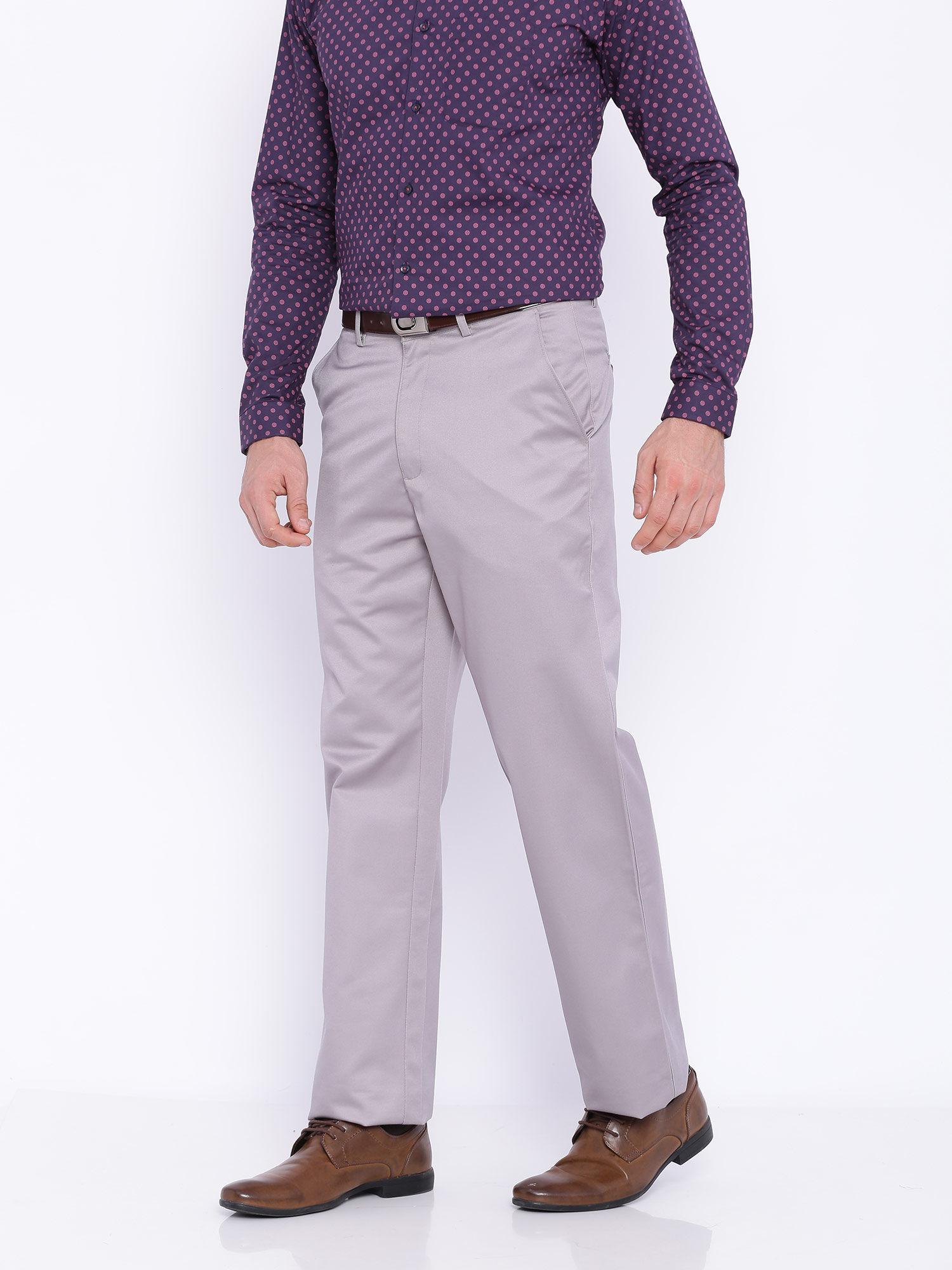 comfort fit grey satin weave poly cotton trousers