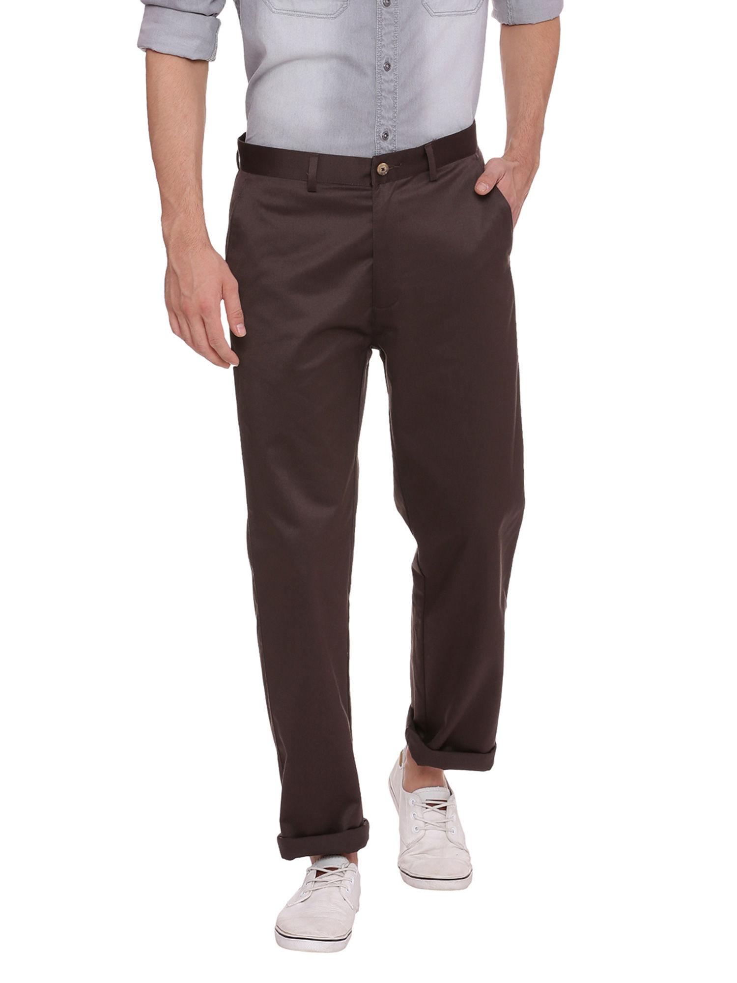 comfort fit mid brown satin weave poly cotton trousers