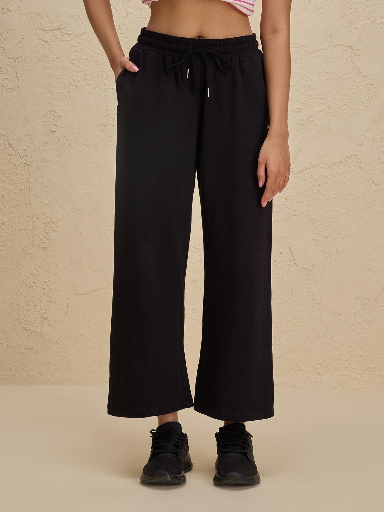 comfort cotton french terry straight leg lounge track pants-nyle606-black
