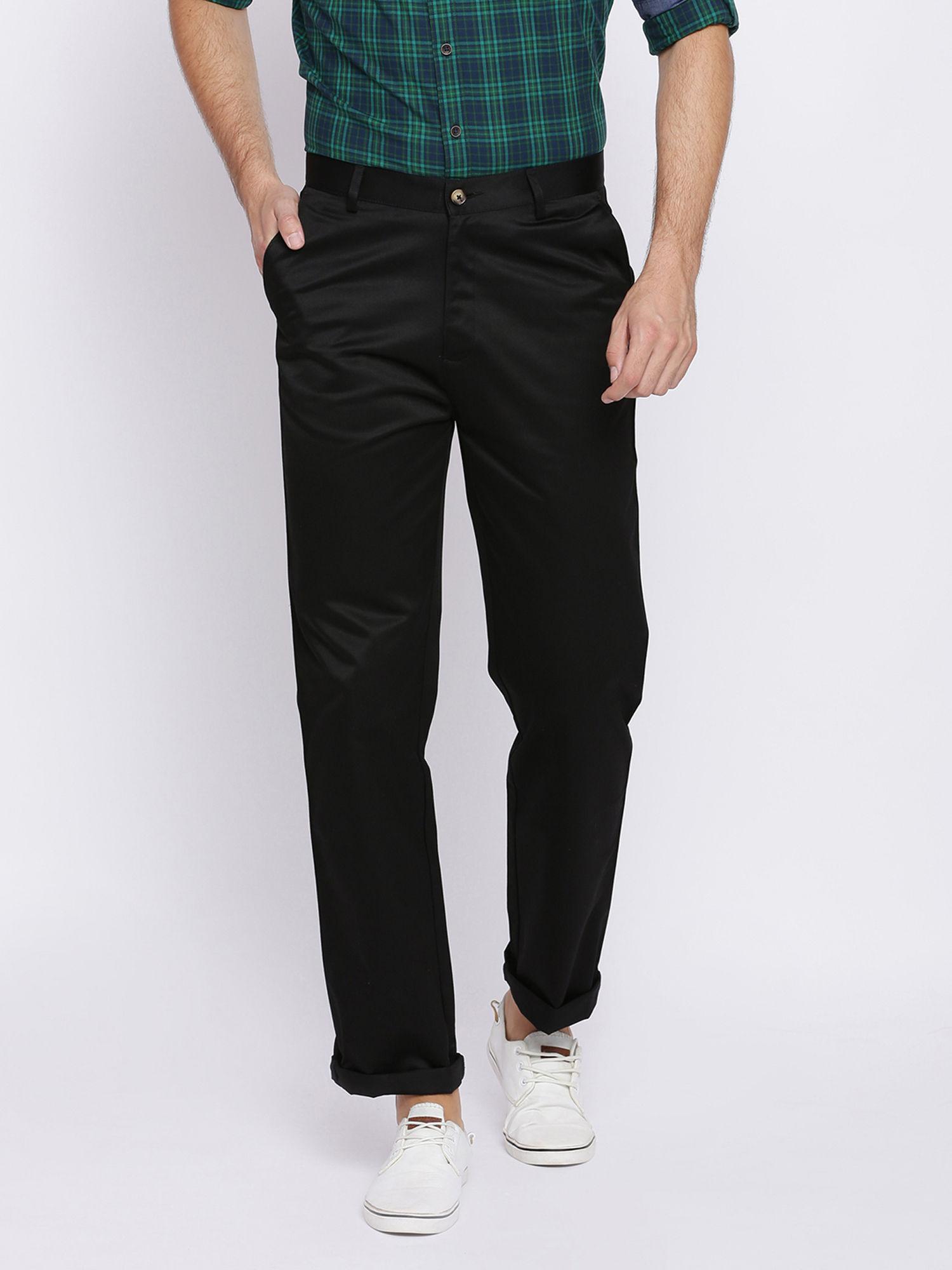 comfort fit black satin weave poly cotton trousers