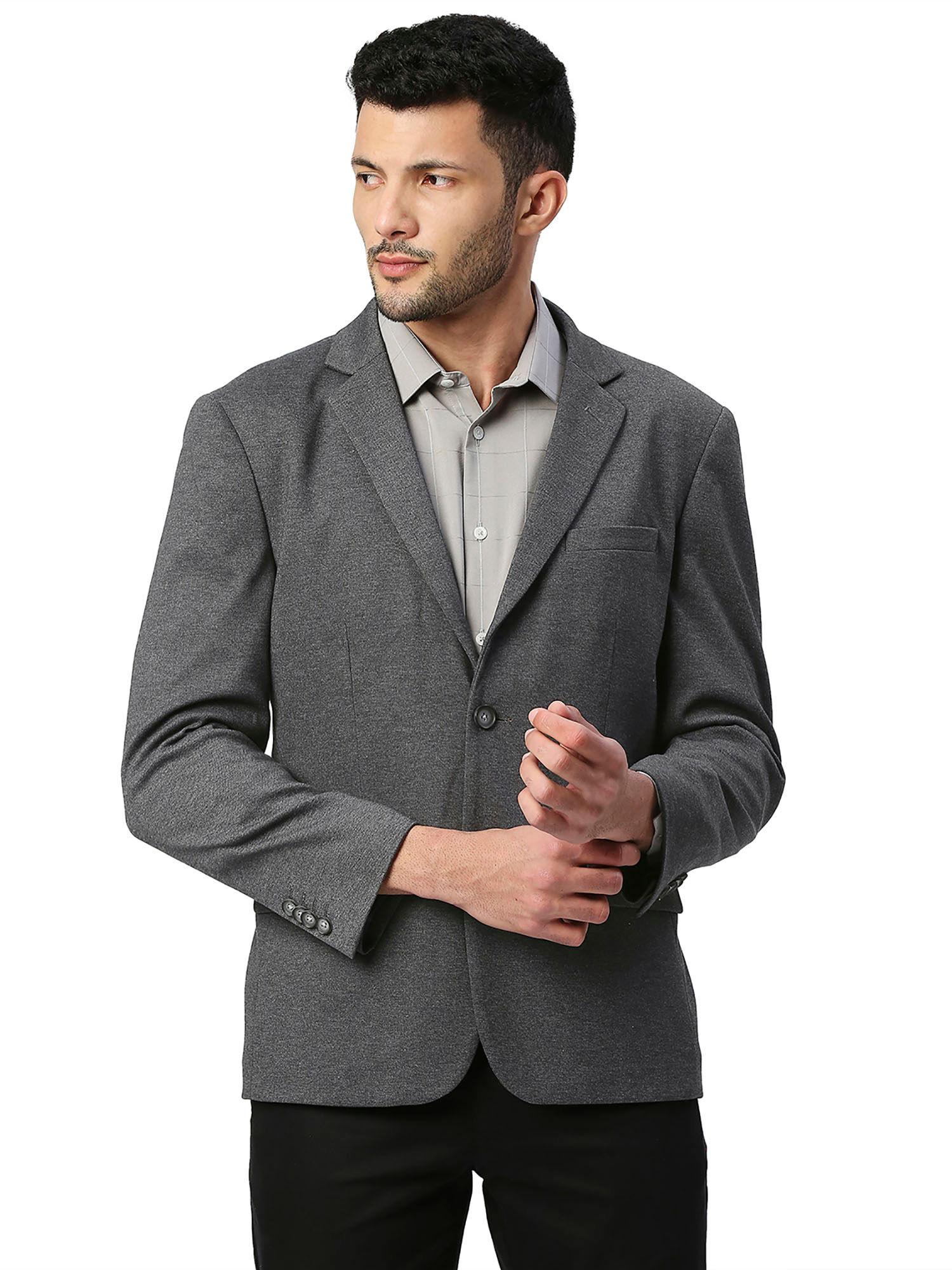 comfort fit pewter poly rayon stretch knit blazer