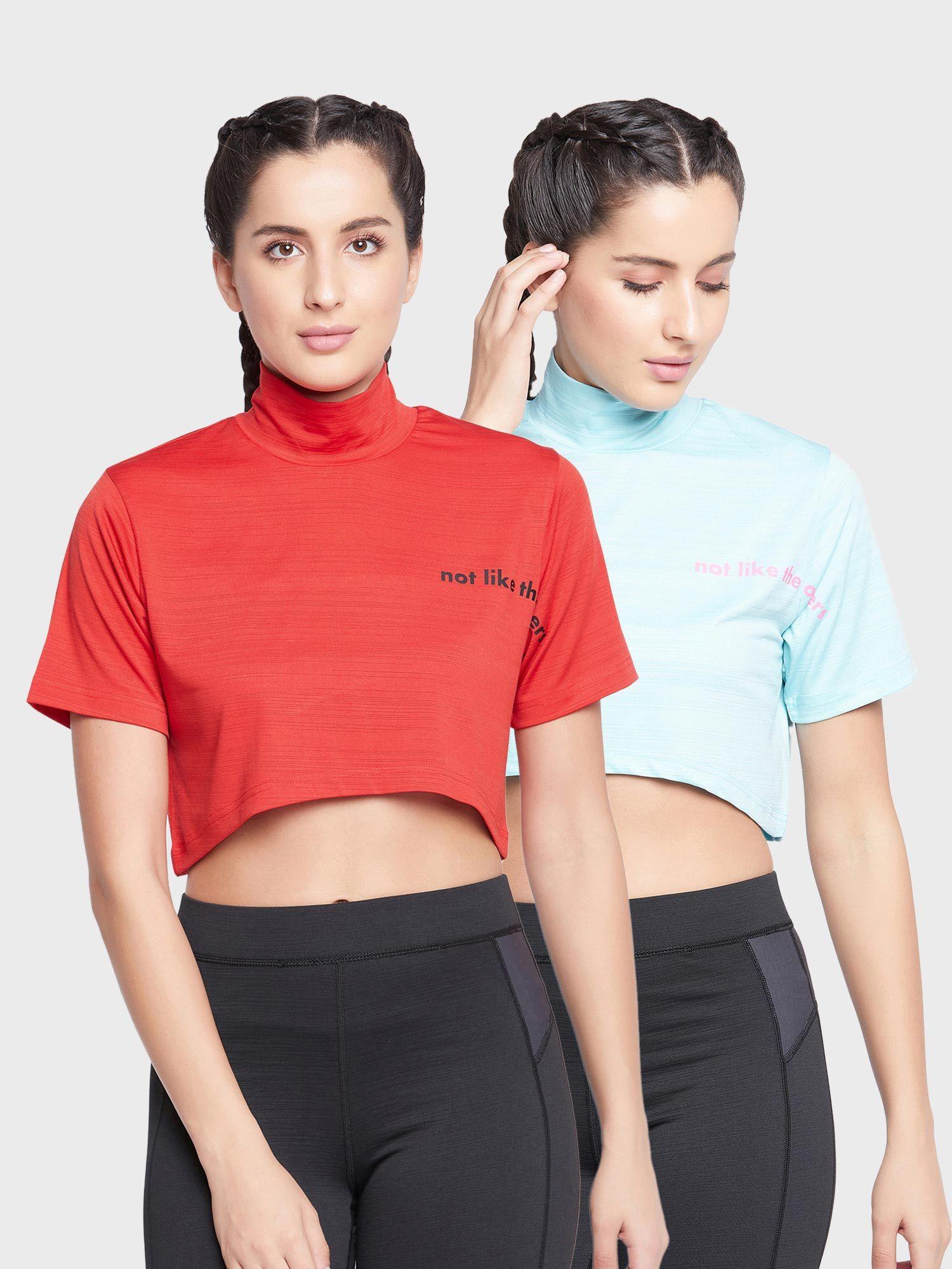 comfort fit text print turtleneck active crop top multi-color (pack of 2)