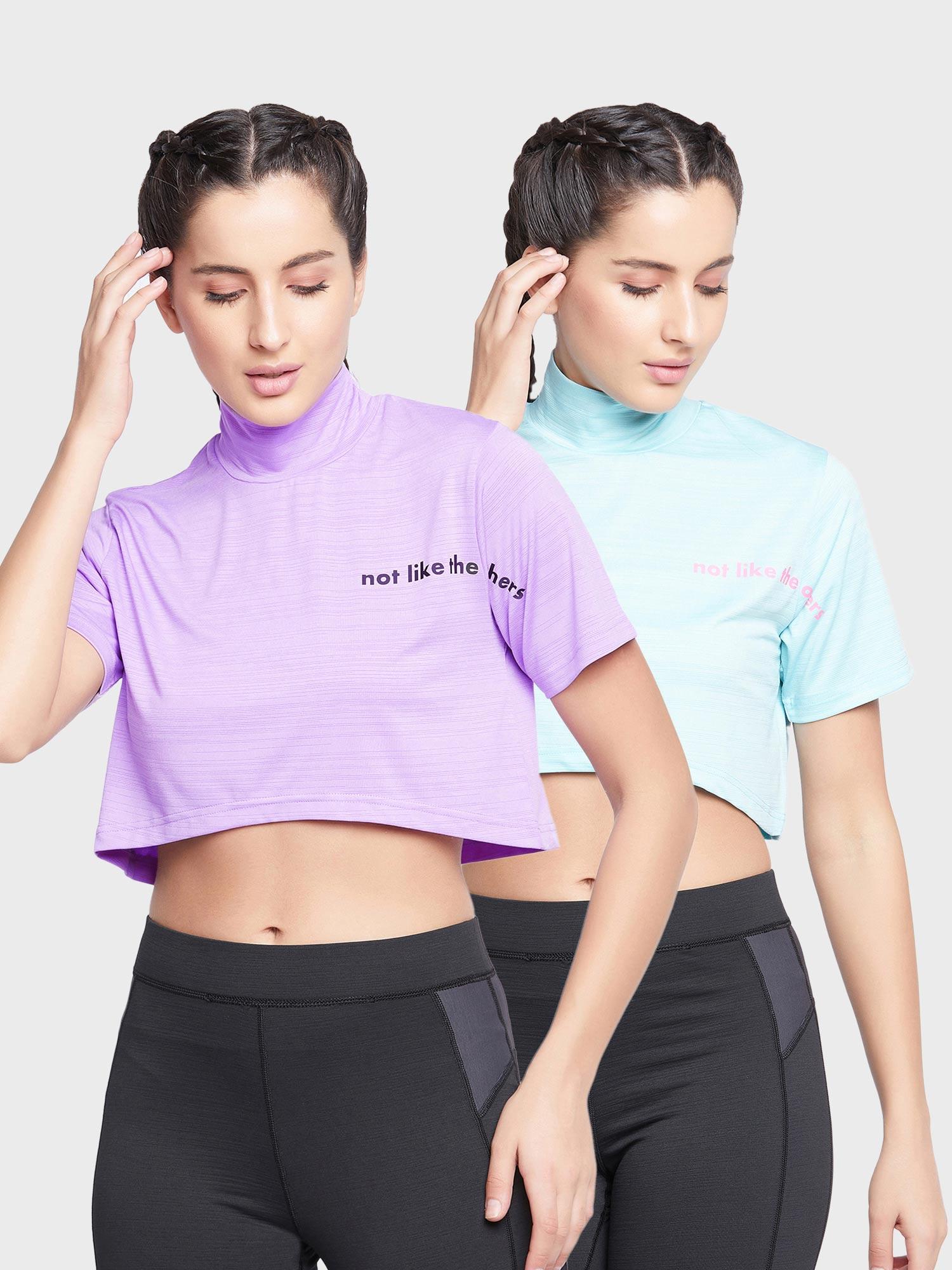 comfort fit text print turtleneck active crop top multi-color (pack of 2)