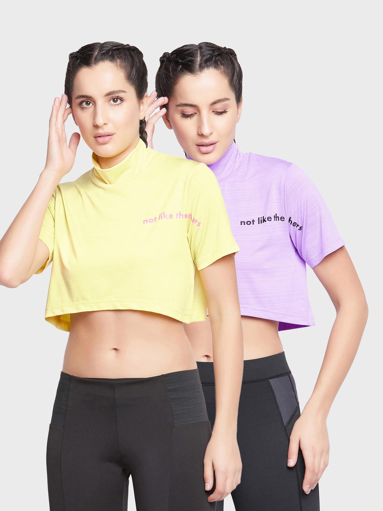 comfort fit text print turtleneck active crop top multi-color (pack of 2)