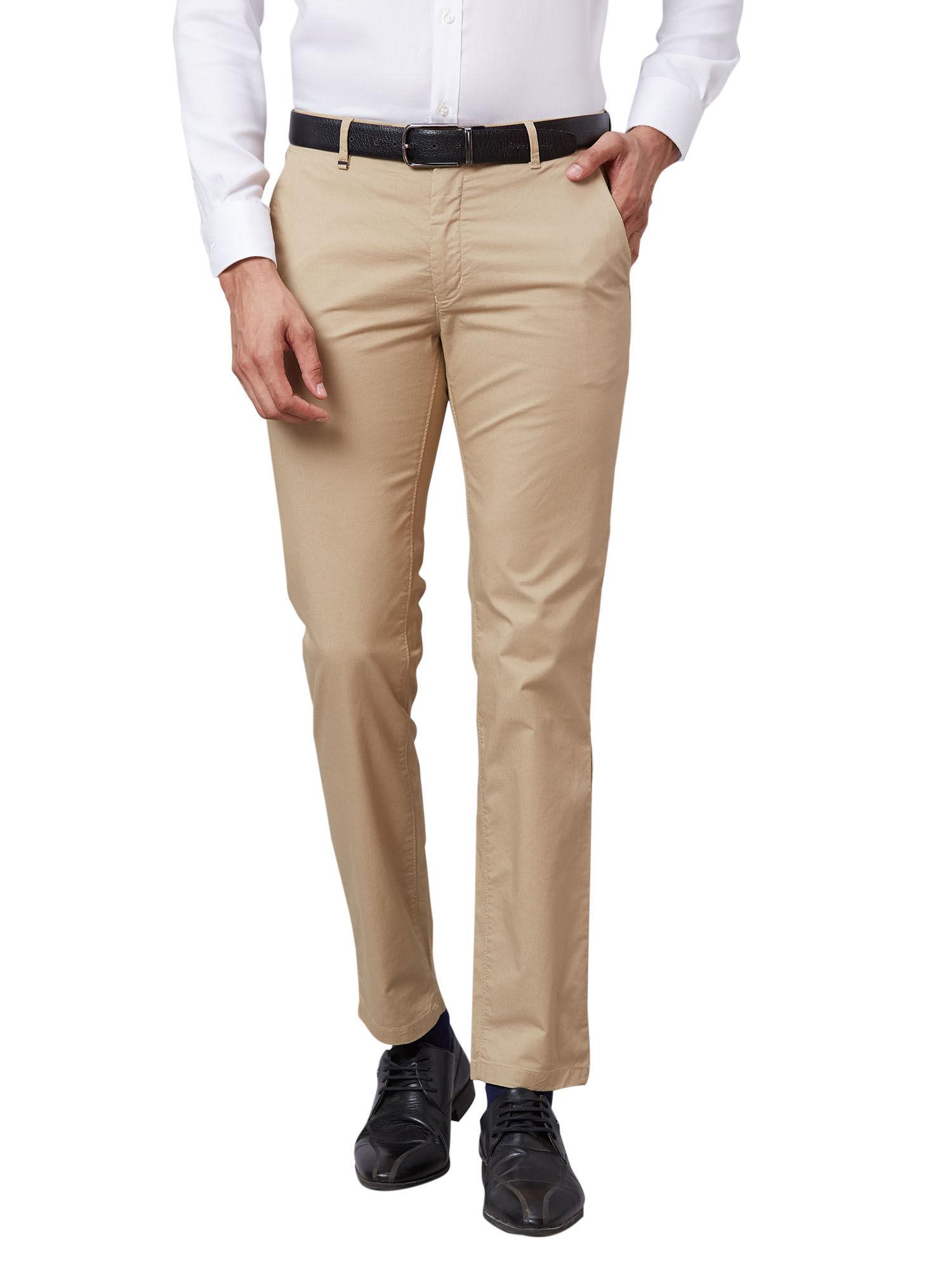 comfortable fit solid medium khaki trouser