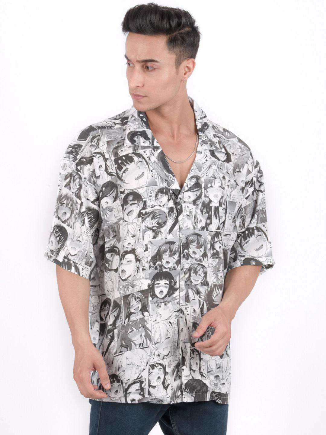 comicsense men grey relaxed boxy fit printed kimono sleeves casual shirt