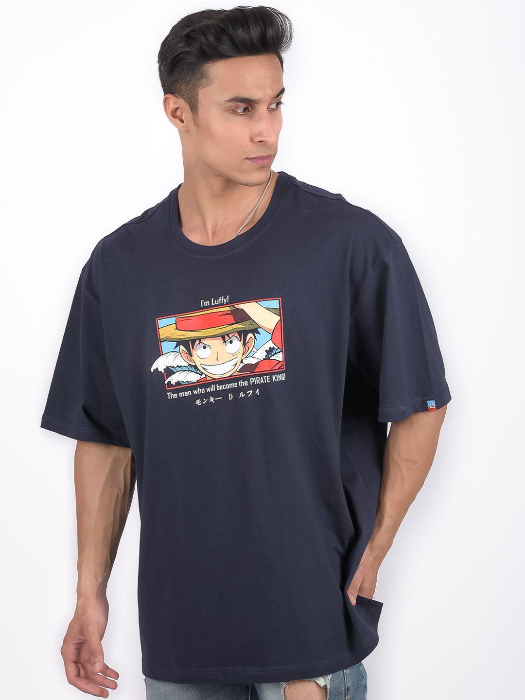 comicsense men navy blue printed drop-shoulder sleeves bio finish loose t-shirt