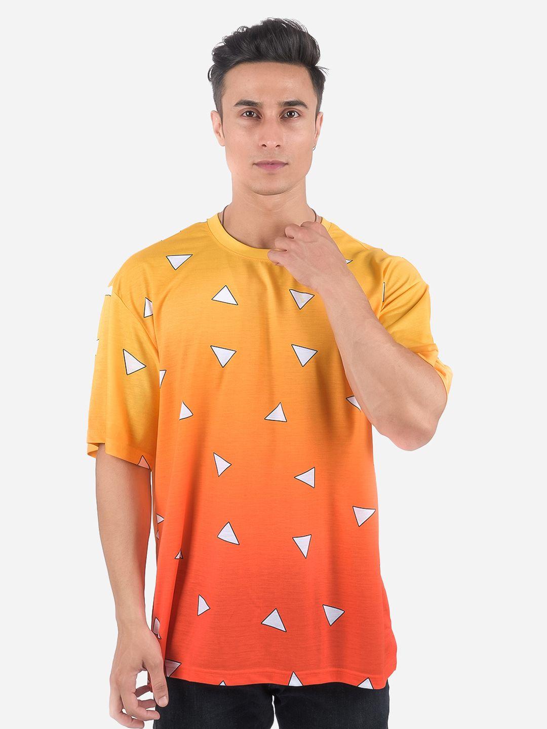 comicsense men orange & yellow printed drop-shoulder sleeves sublimation loose t-shirt