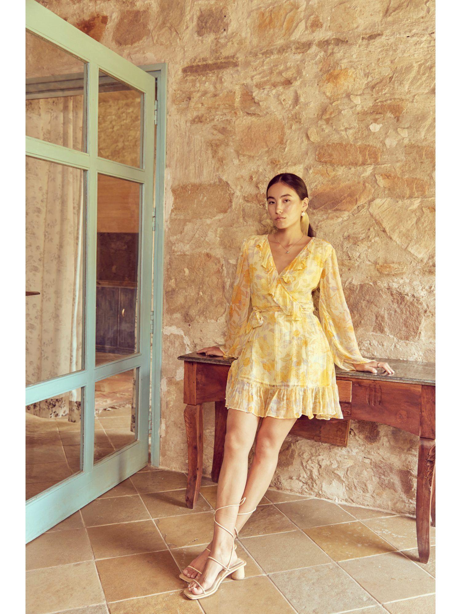 como yellow printed short dress (set of 2)