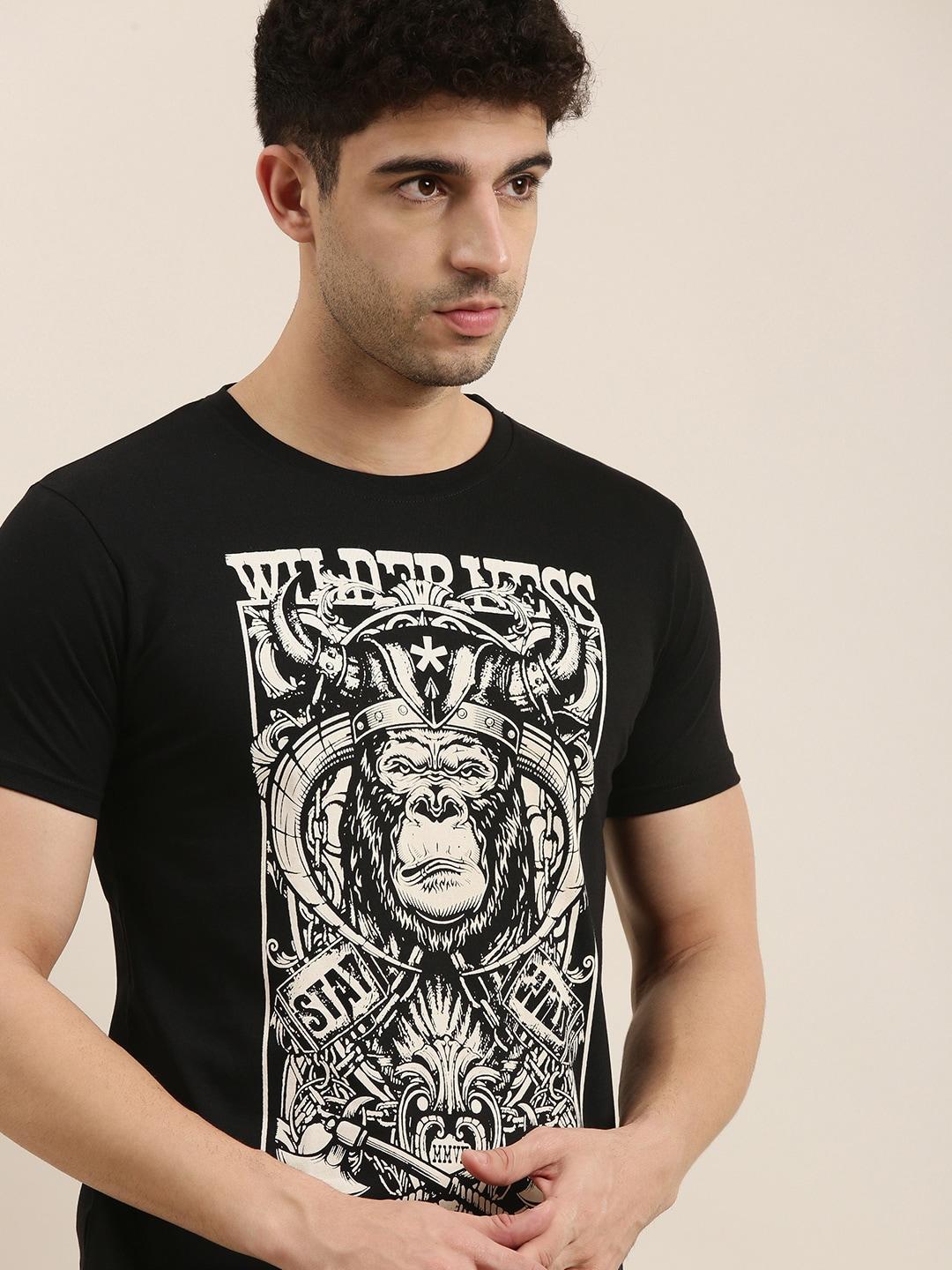 conditions apply men black  white printed round neck pure cotton t-shirt