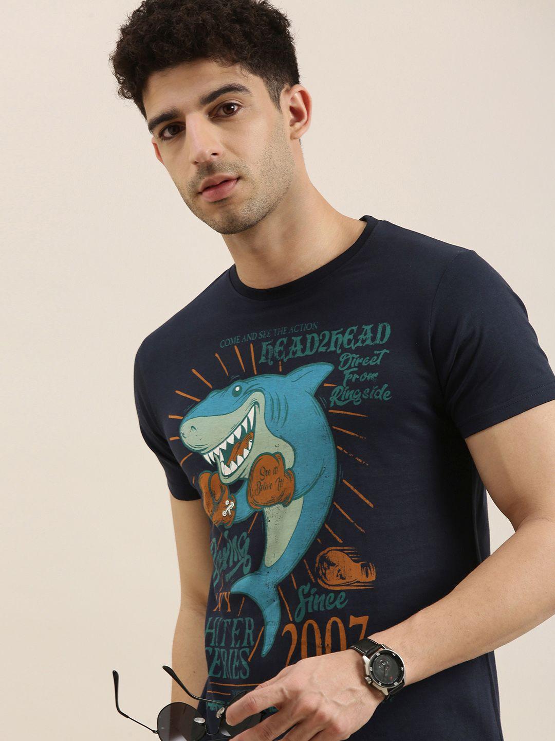 conditions apply men navy blue printed round neck pure cotton t-shirt