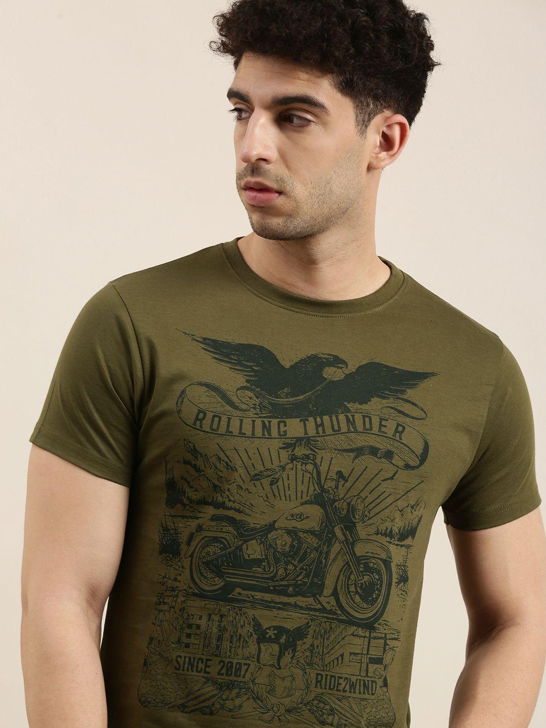conditions apply men olive green  black printed round neck pure cotton t-shirt