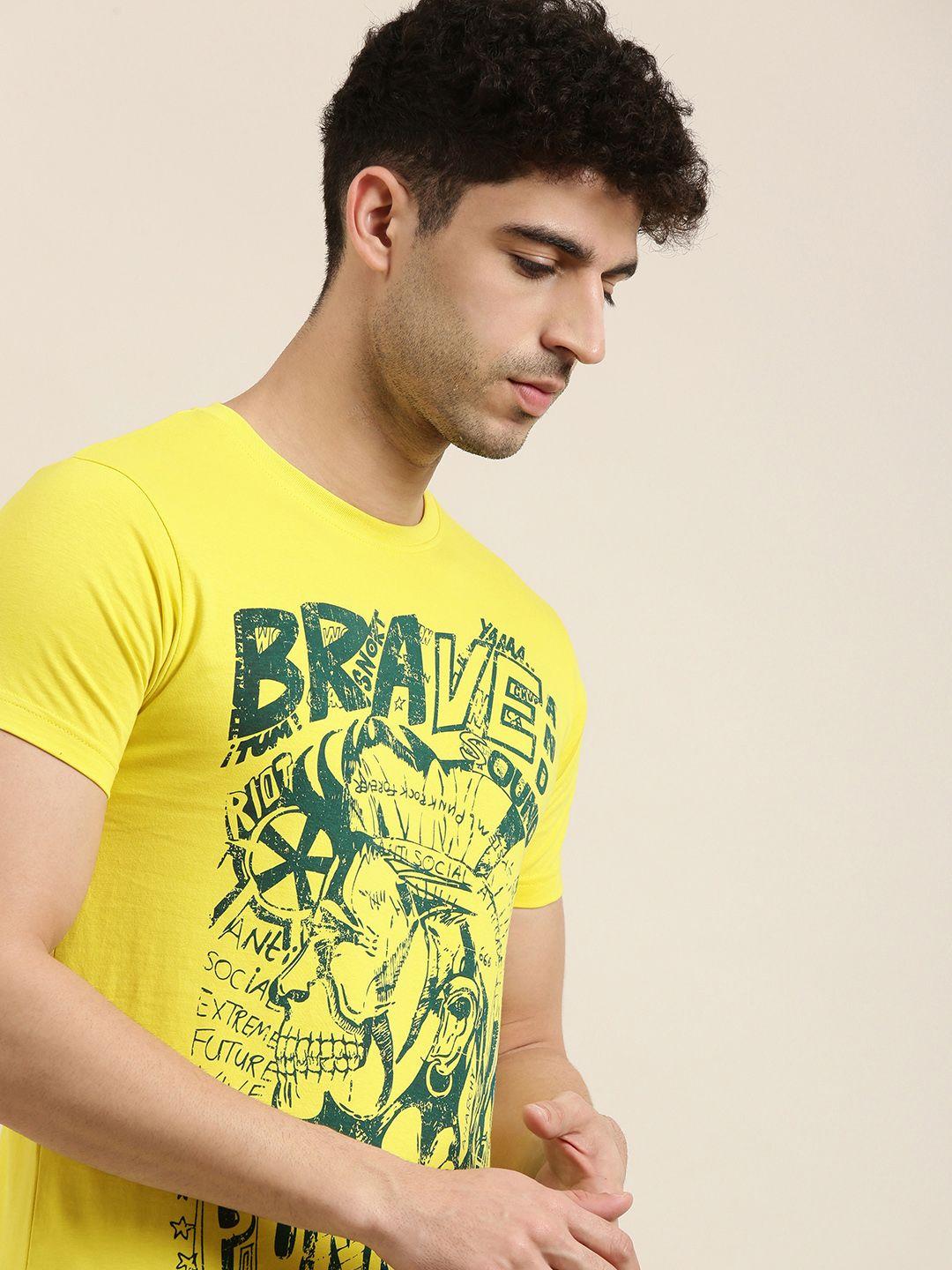 conditions apply men yellow  green printed round neck pure cotton t-shirt