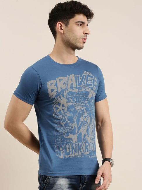 conditions apply blue cotton regular fit printed t-shirt