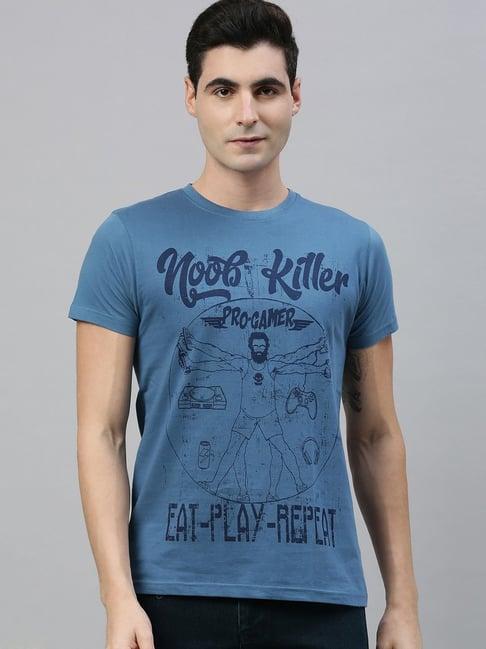 conditions apply blue cotton regular fit printed t-shirt