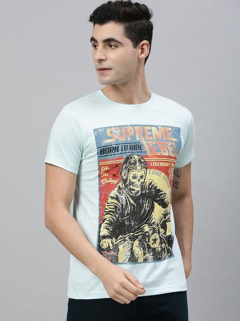 conditions apply light blue cotton regular fit printed t-shirt
