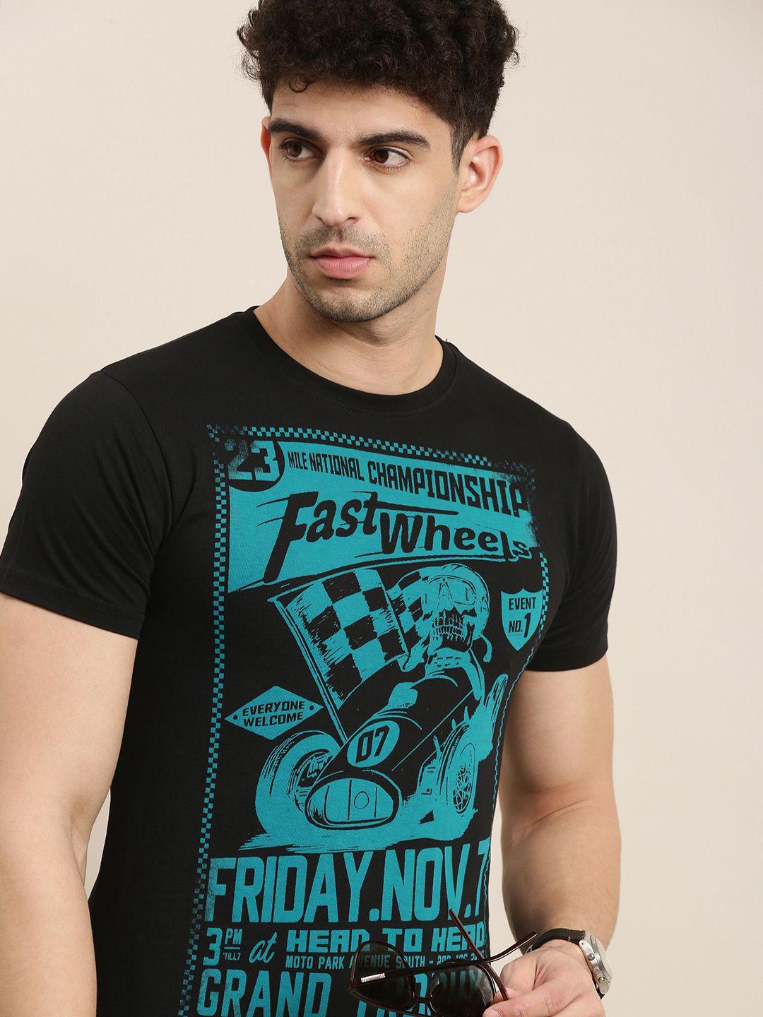 conditions apply men black printed round neck pure cotton t-shirt