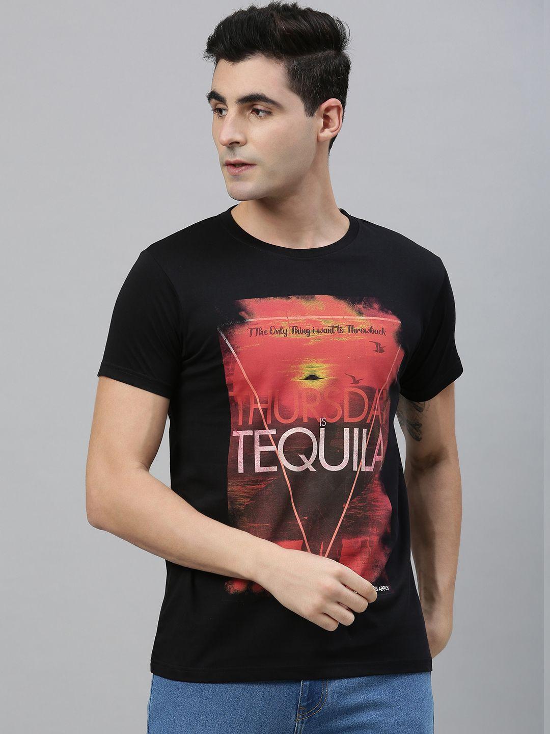 conditions apply men black printed round neck pure cotton t-shirt