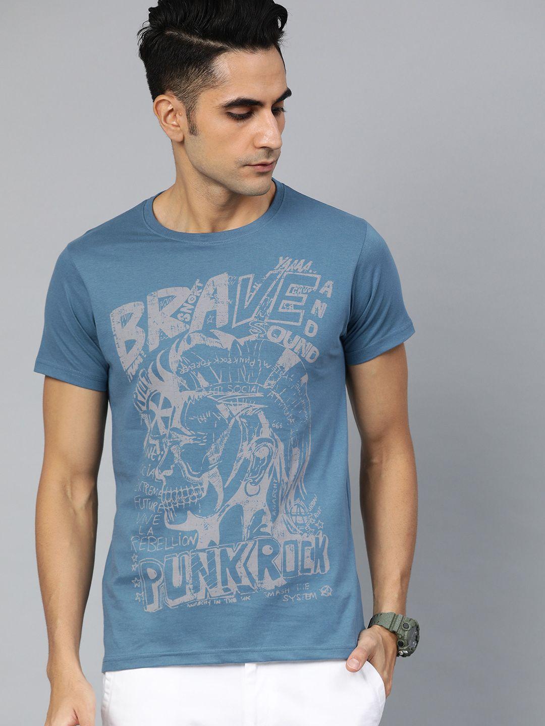conditions apply men blue & grey printed round neck t-shirt