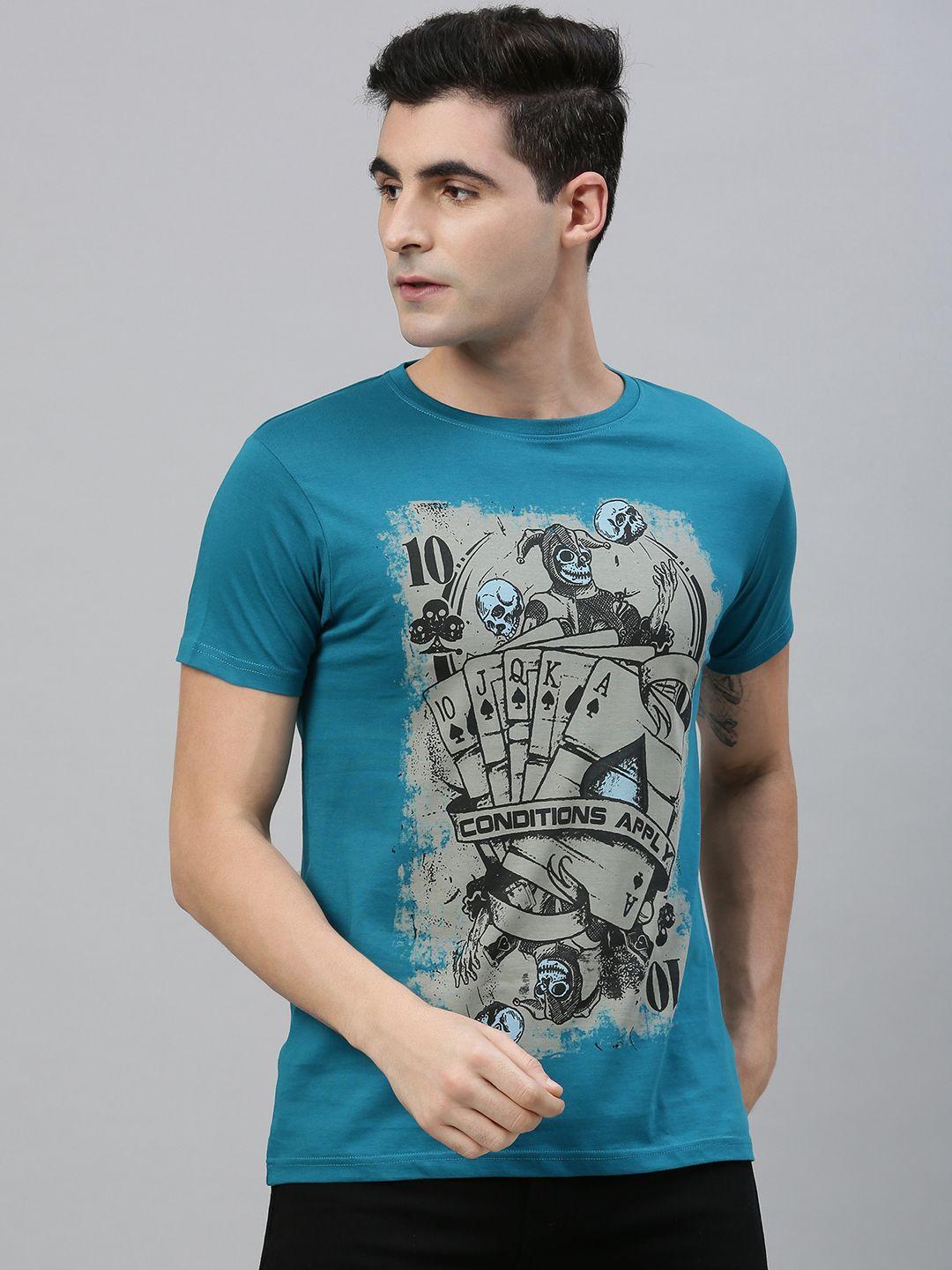conditions apply men blue printed round neck t-shirt