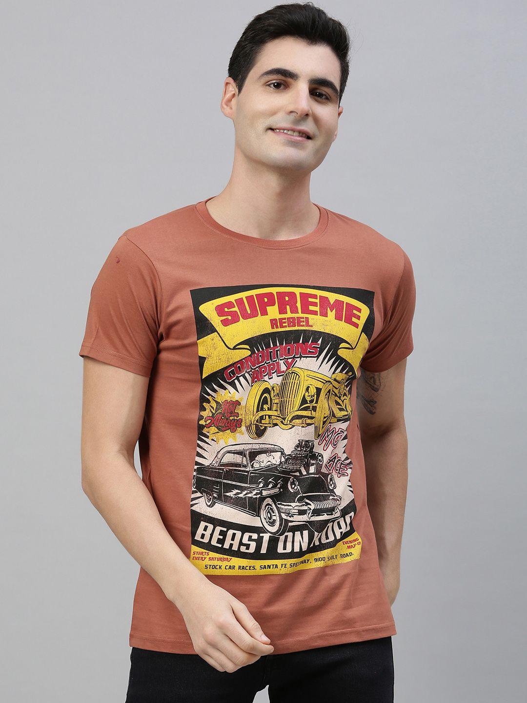 conditions apply men brown printed round neck pure cotton t-shirt