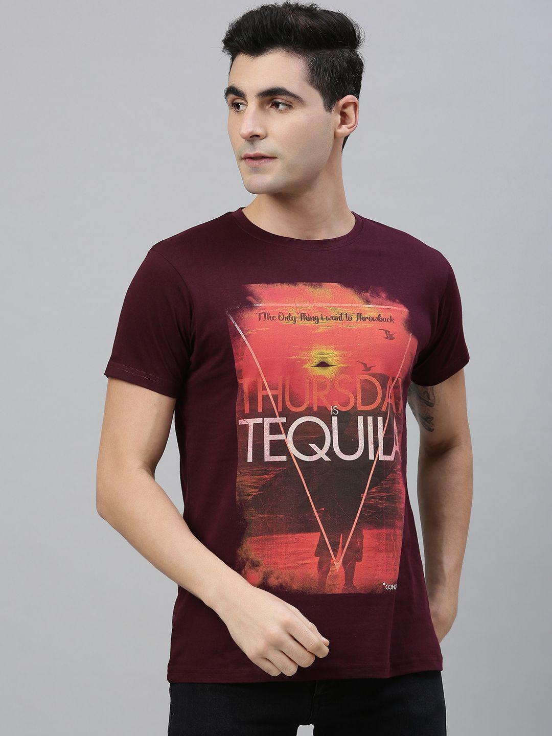 conditions apply men burgundy printed round neck pure cotton t-shirt