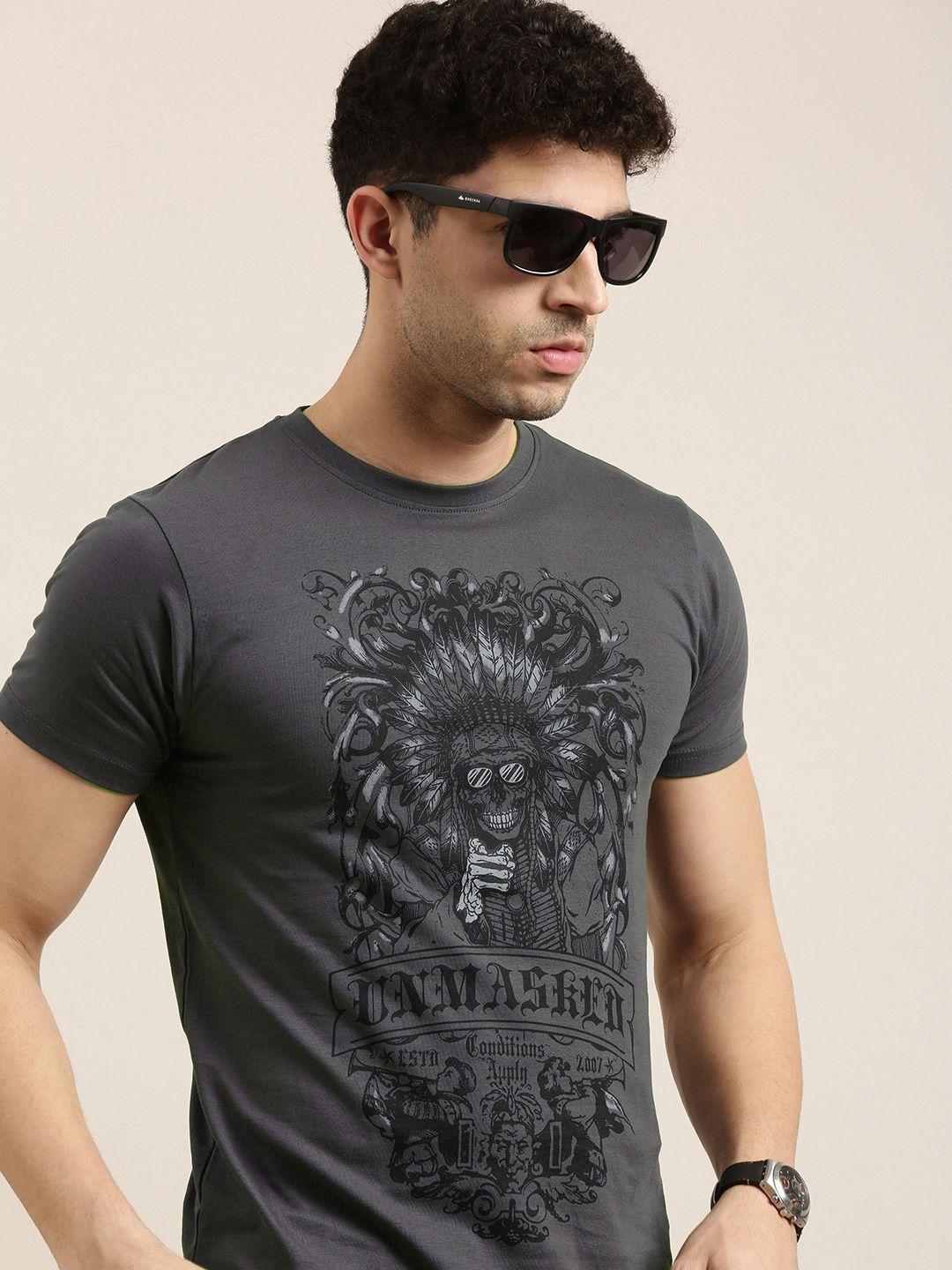 conditions apply men charcoal grey  black printed round neck pure cotton t-shirt