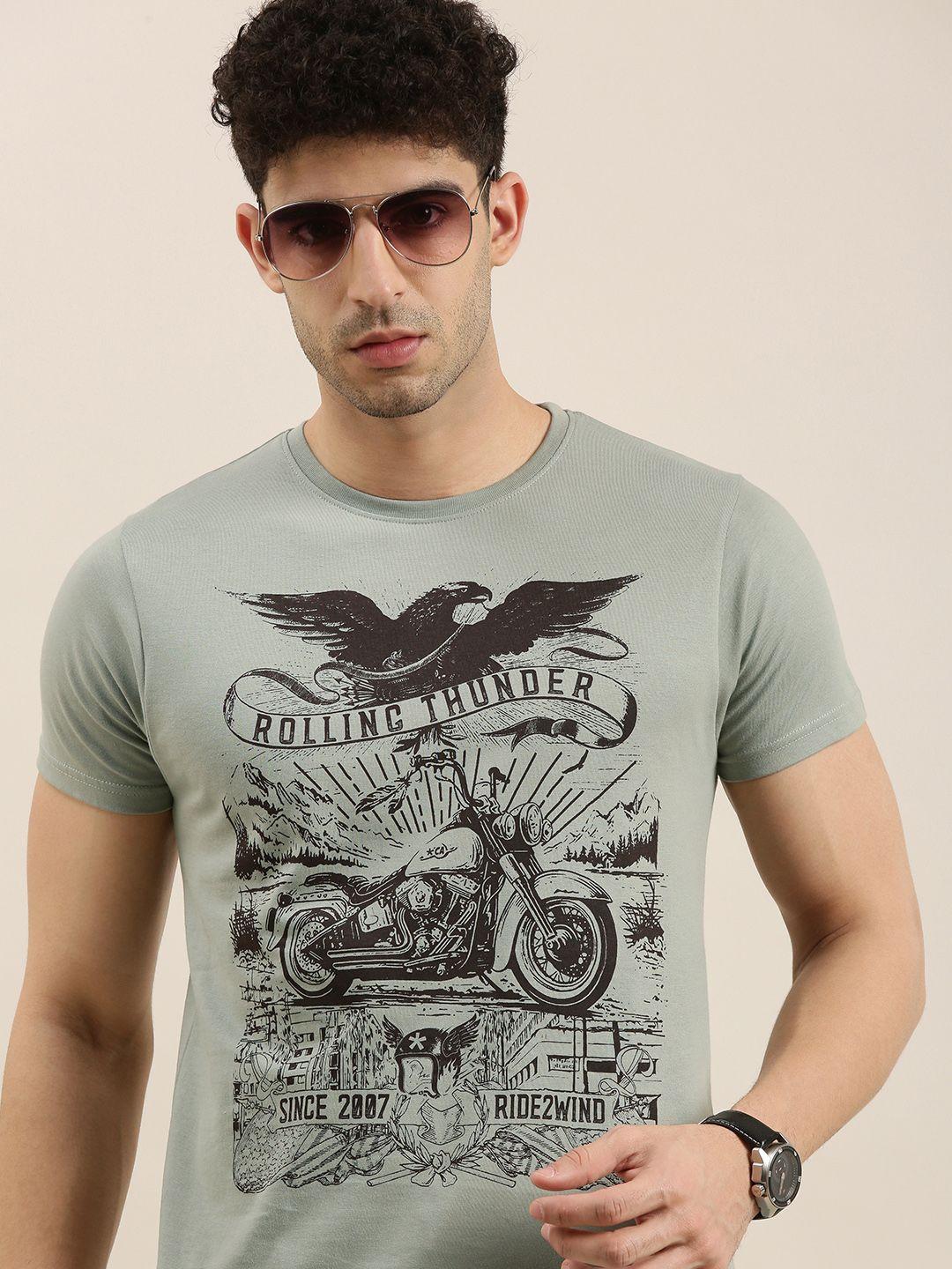 conditions apply men grey  black printed round neck pure cotton t-shirt