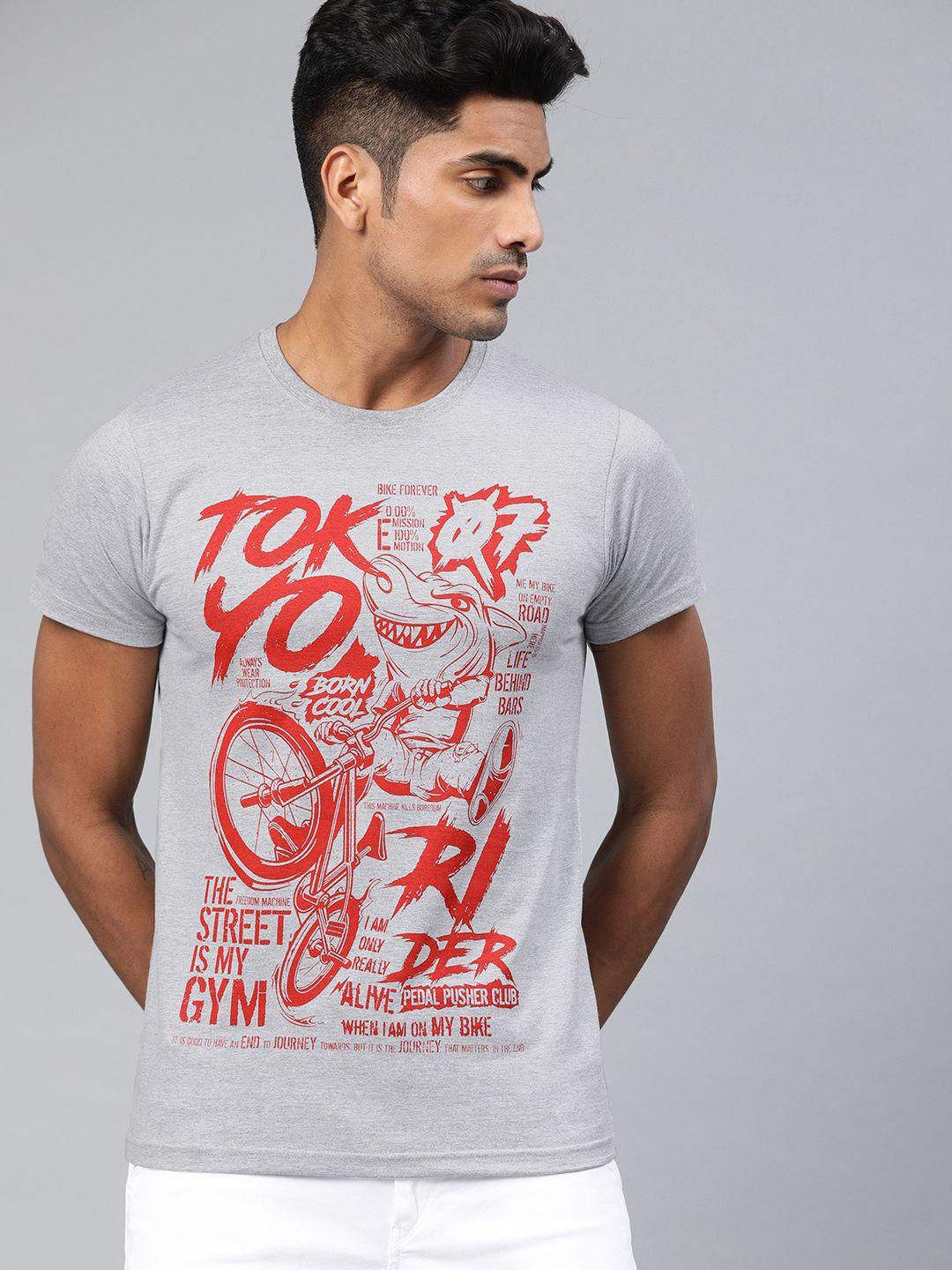 conditions apply men grey melange printed round neck pure cotton t-shirt