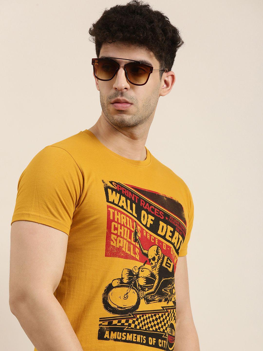 conditions apply men mustard yellow  black printed round neck pure cotton t-shirt