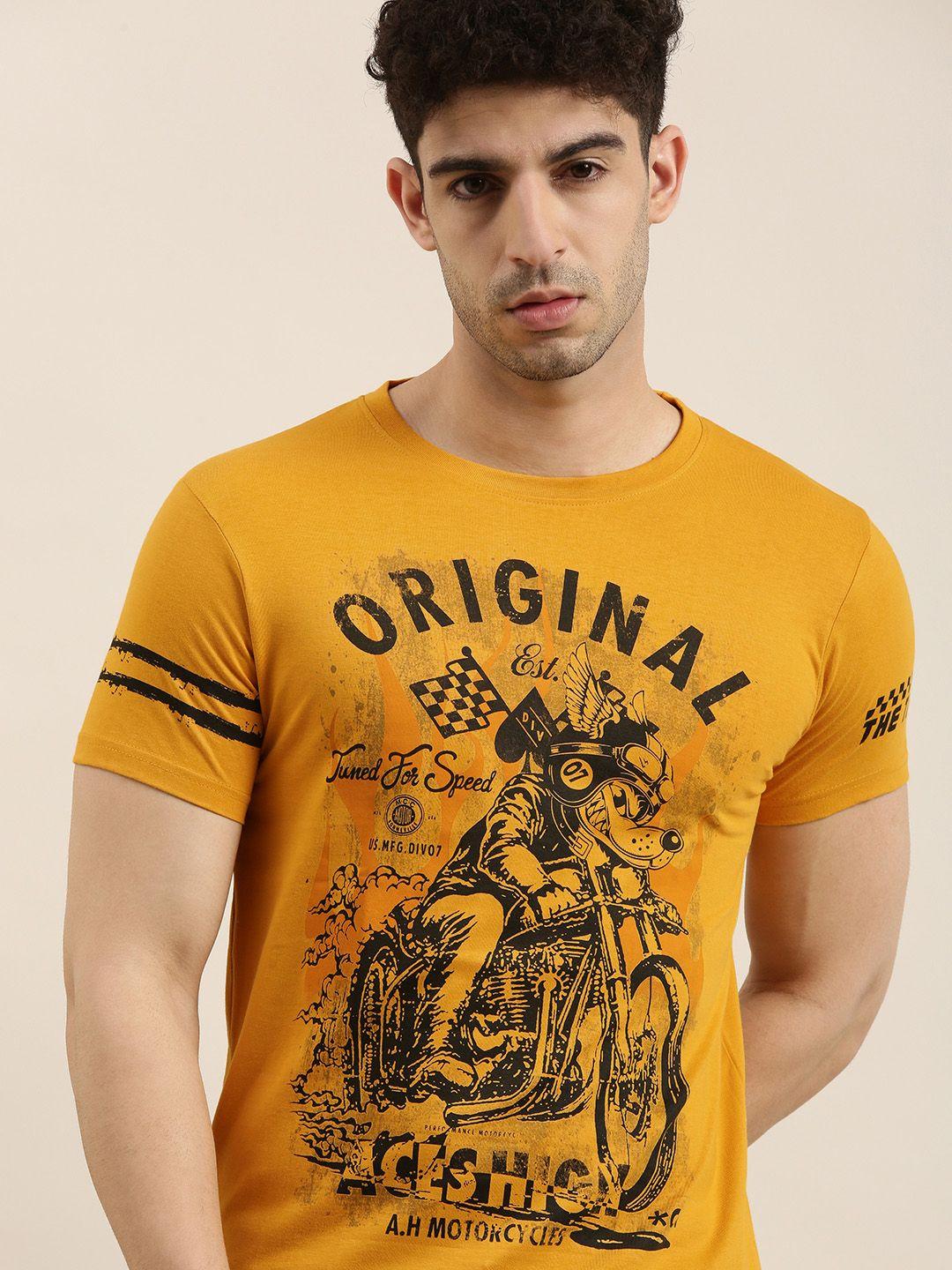 conditions apply men mustard yellow printed round neck pure cotton t-shirt