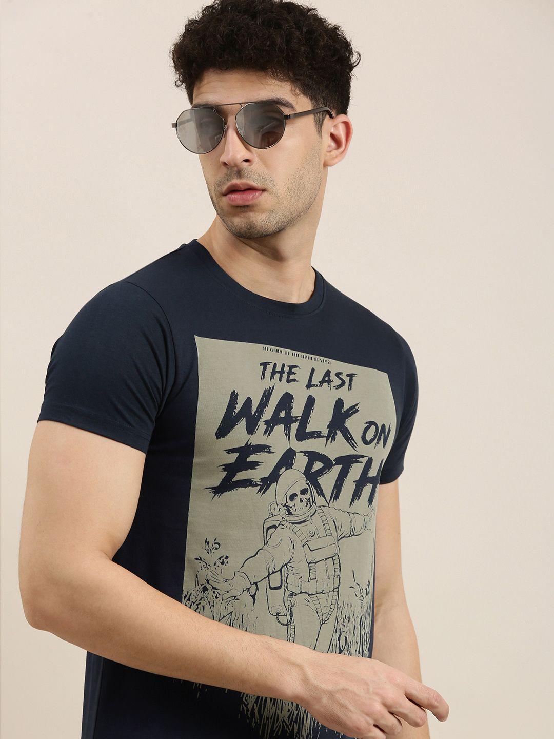 conditions apply men navy blue  grey printed round neck pure cotton t-shirt