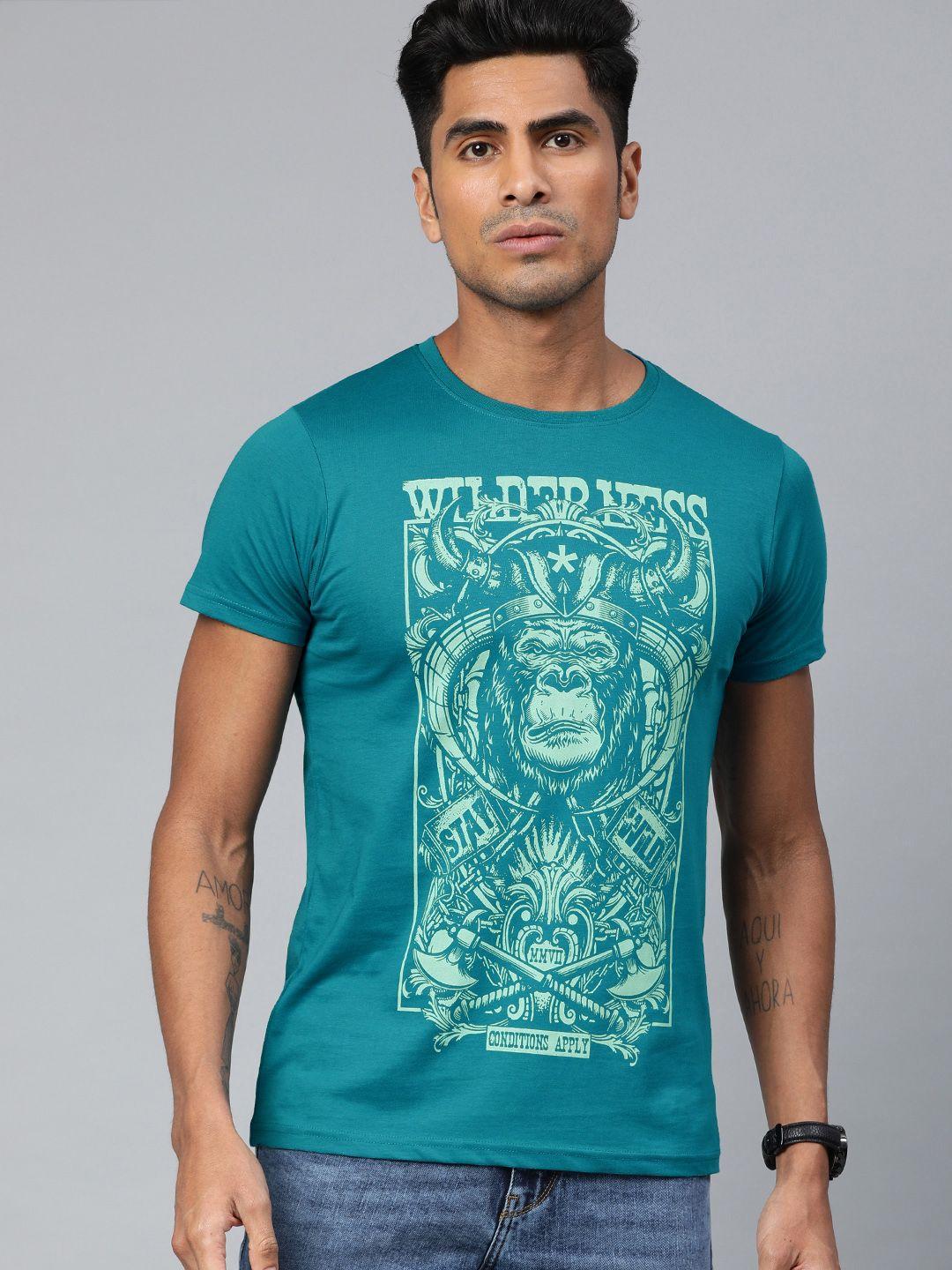 conditions apply men teal blue printed round neck t-shirt