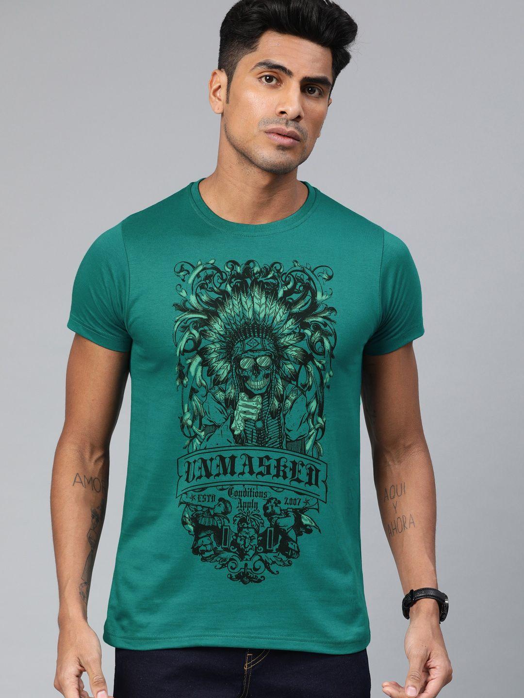 conditions apply men teal green  black printed round neck pure cotton t-shirt