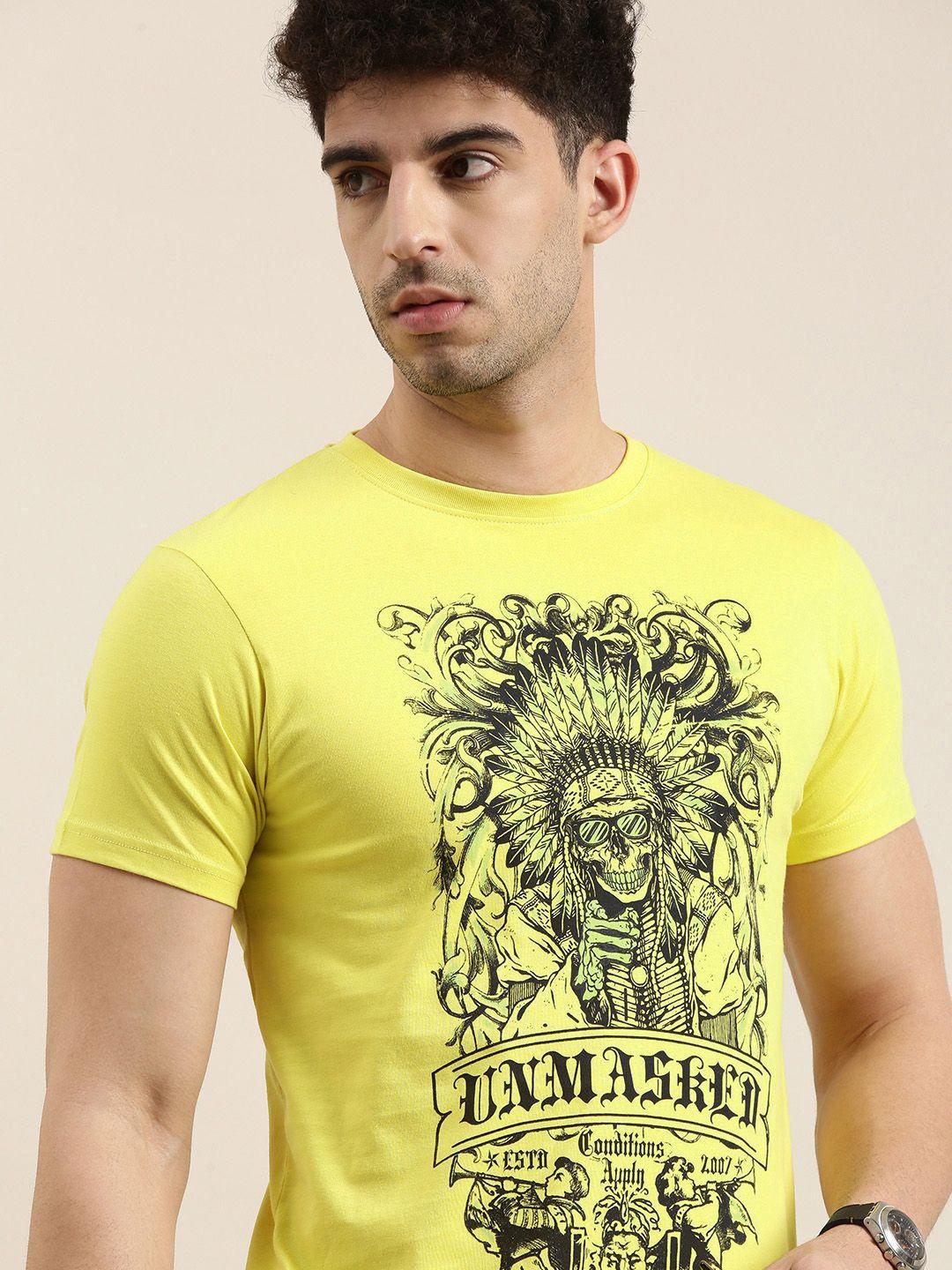conditions apply men yellow  black printed round neck pure cotton t-shirt