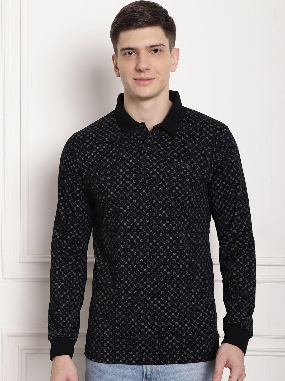 confidence geometric printed slim fit polo collar long sleeves cotton t-shirt