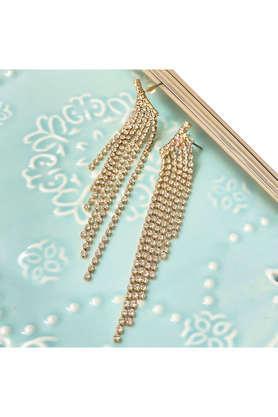 contemporary white diamante crystal studded gold-toned asymmetric long tassel drop western earrings