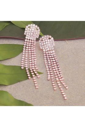 contemporary white diamante crystal studded rose gold-toned long tassel drop earrings