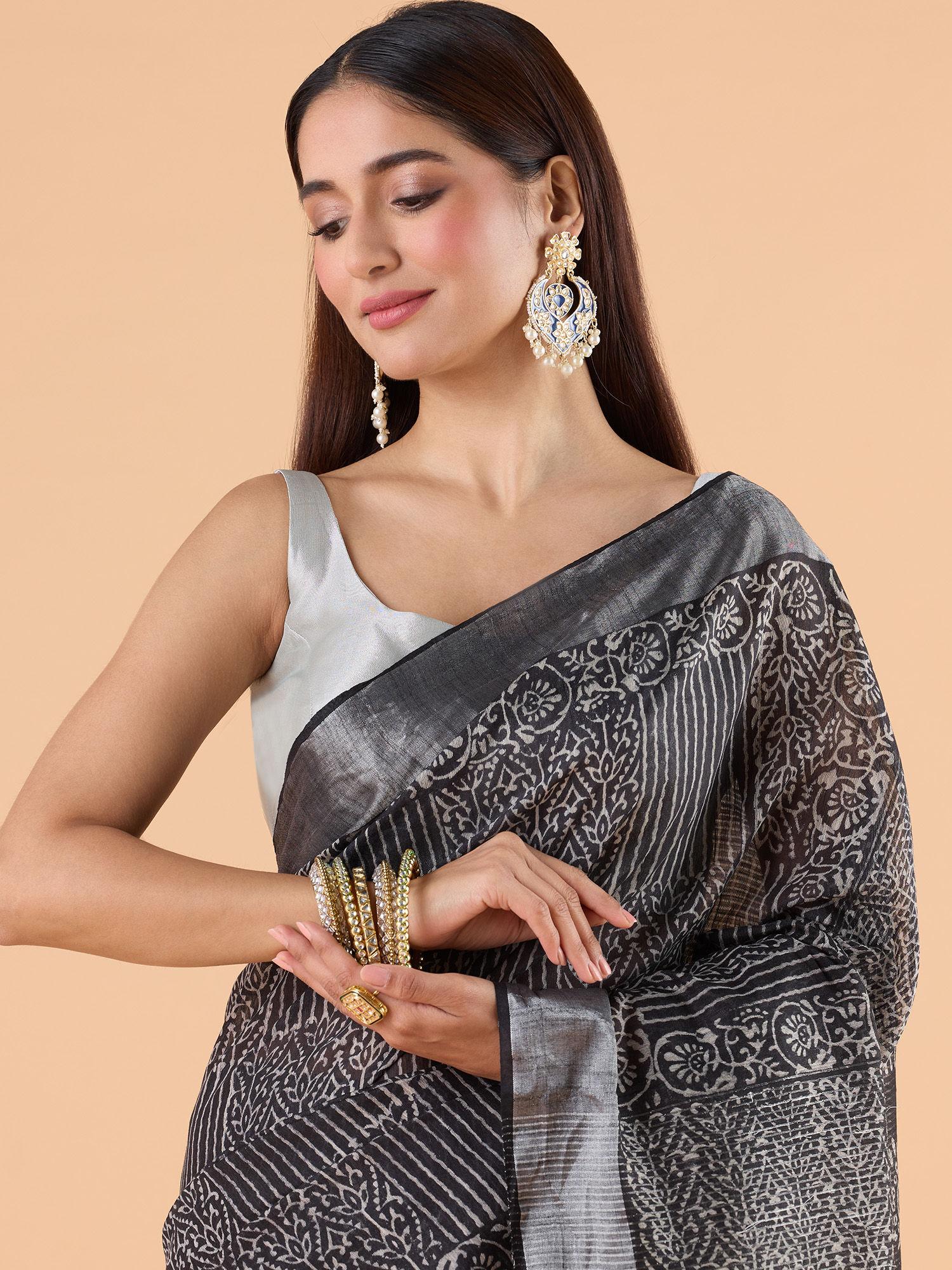 contemprorary all over block printed with silver border black saree & unstitched blouse