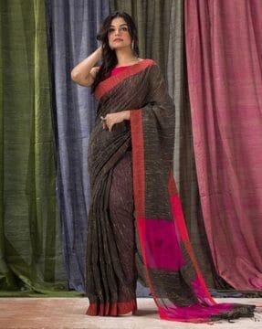 contrast border handloomed saree with blouse piece