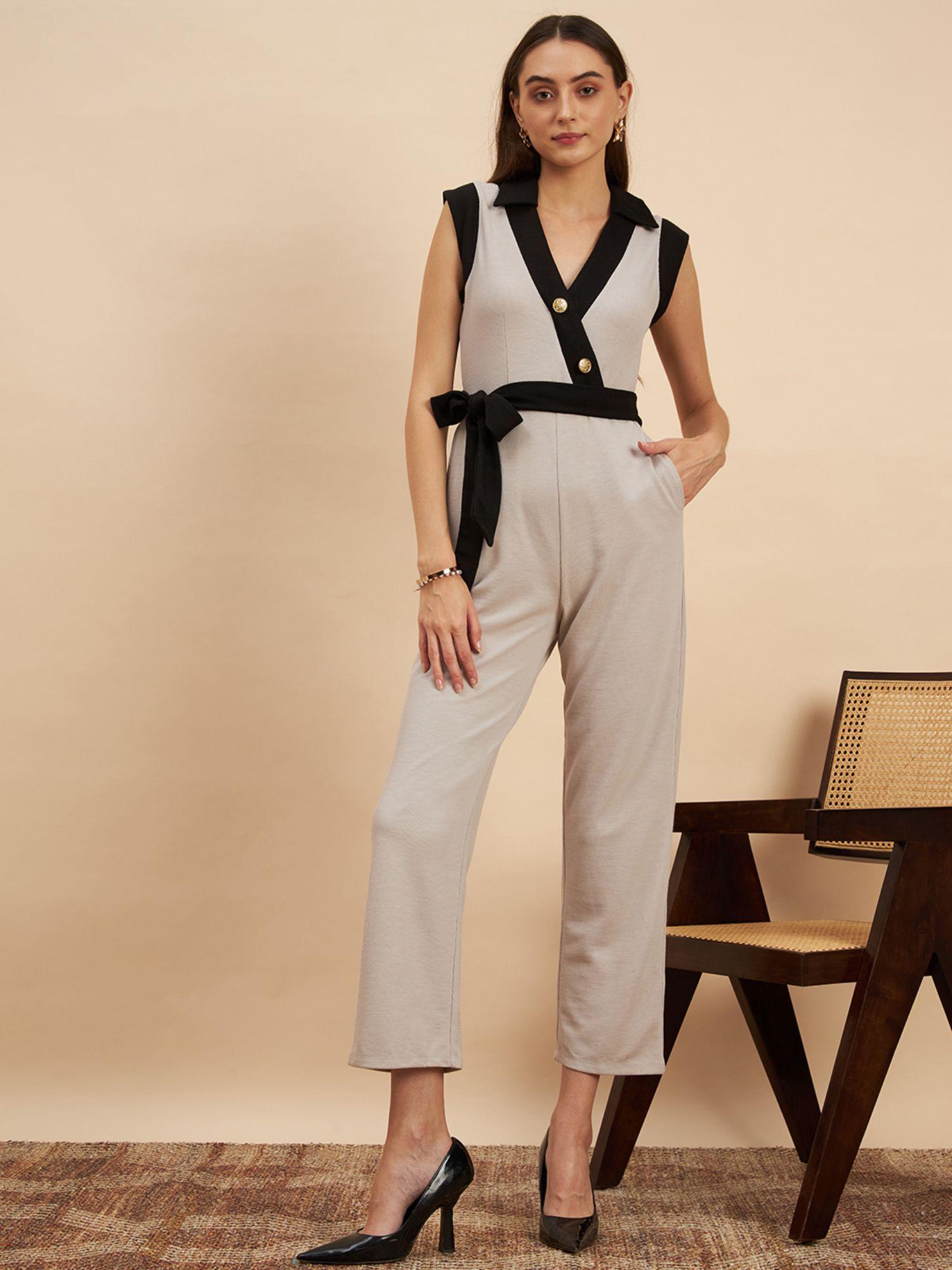 contrast collar and sleeve front wrap jumpsuit (set of 2)