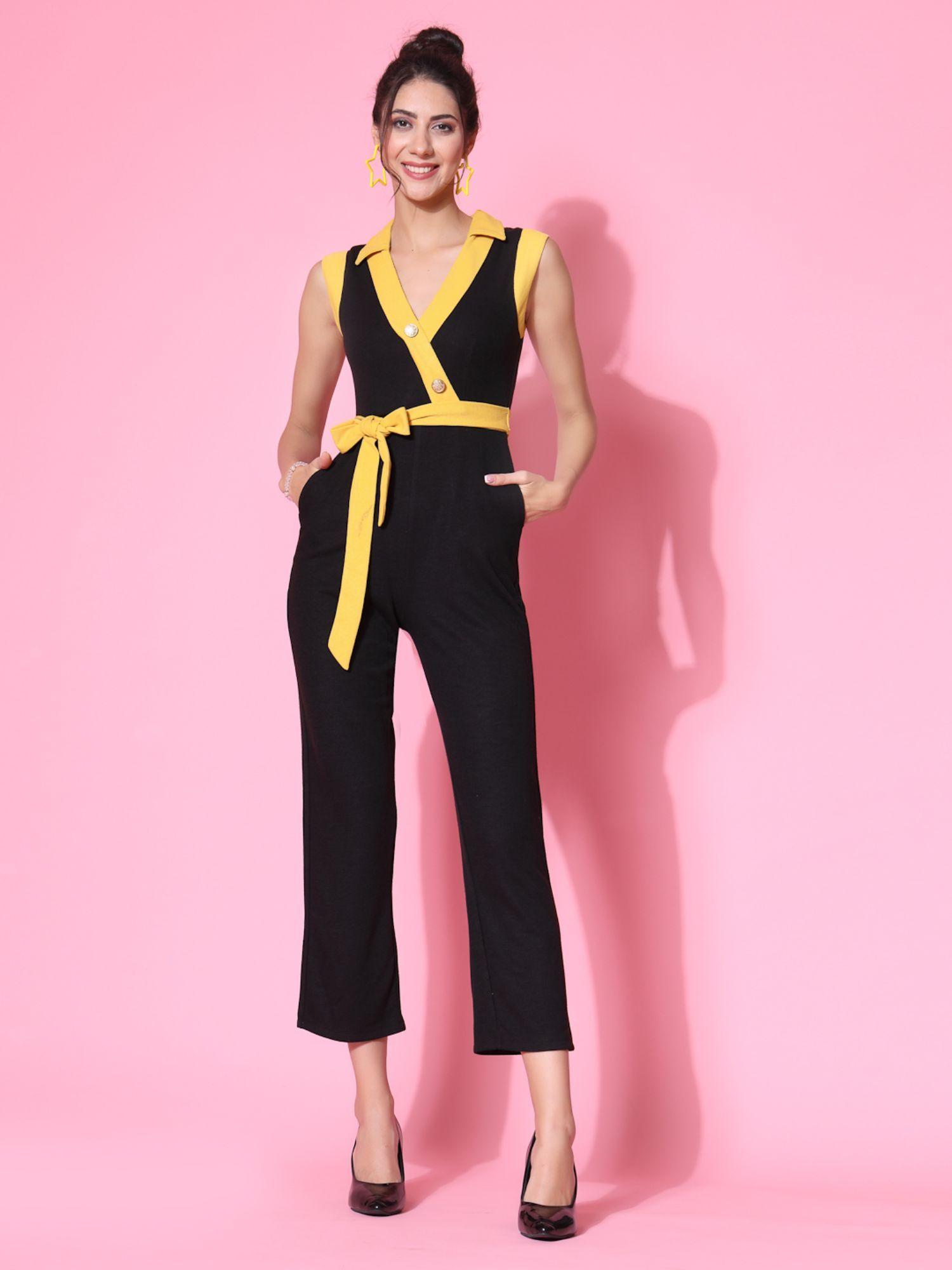 contrast collar and sleeve front wrap jumpsuit (set of 2)