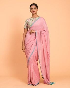 contrast lace border saree with tassels